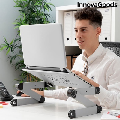 Suporte de mesa metálico cinza para computador portátil, com texto InnovaGoods ao fundo