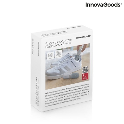 Embalagem do produto InnovaGoods Shoe Deodorizer Capsules X2 - Frost com imagem de ténis branco e cápsula desodorizante.