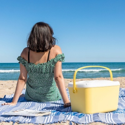 Mulher sentada na praia com vestido verde e cool box amarelo