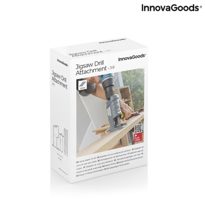 Embala branca do acessório para broca serra tico-tico InnovaGoods com foto do produto em uso e texto em inglês