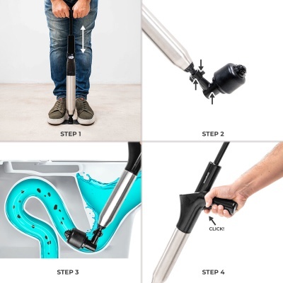 Bomba manual metálica com peças pretas em quatro passos para desentupir canos