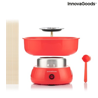 Máquina vermelha de algodão doce com colher e palitos de madeira