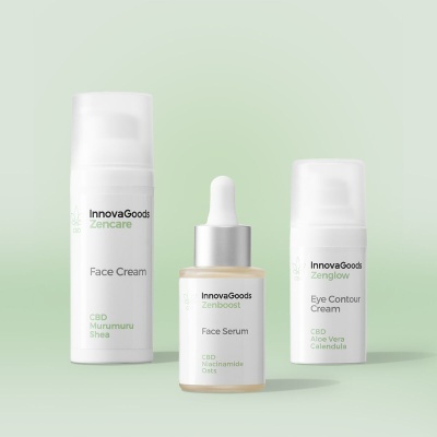 Produtos de cuidado facial InnovaGoods Zencare e Zenboost em embalagens brancas e transparente, fundos verde claro.