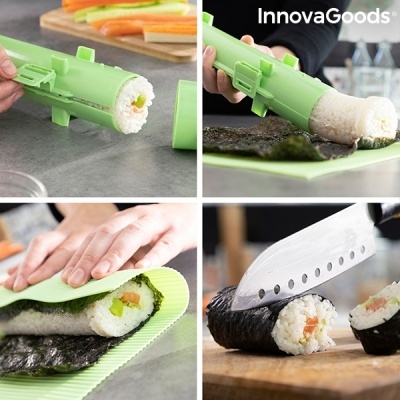 Utensílios verdes para fazer sushi com arroz, alga nori e legumes, marca InnovaGoods visível