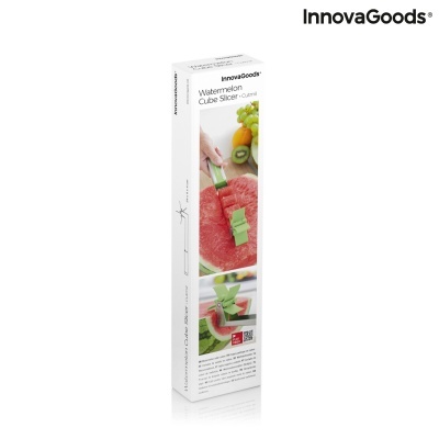 Caixa branca do cortador InnovaGoods para cubos de melancia com imagens do produto e texto em inglês
