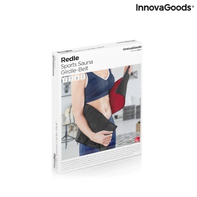 Embalagem do cinto desportivo InnovaGoods Redle Sports Sauna Girdle-Belt com imagem e texto em inglês