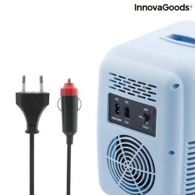 Mini frigorífico portátil azul claro com painel de controlo, ventilador e cabos de alimentação