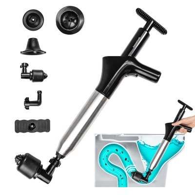 Desentupidor manual preto e prata com acessórios para limpeza de canos