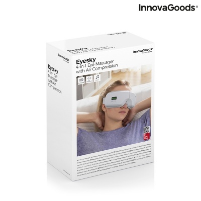 Embalagem branca do massajador de olhos Eyesky da InnovaGoods com imagem do produto e texto em inglês