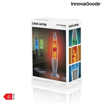 Embalagem da lâmpada lava lamp InnovaGoods com imagens das lâmpadas em várias cores e efeito de lava