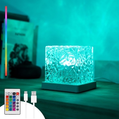 Lâmpada de mesa quadrada em vidro texturado iluminada em azul com controlo remoto e cabo USB