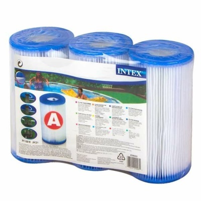 Filtro de piscina INTEX modelo A com três unidades em embalagem transparente