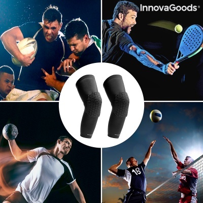 Proteções para cotovelos pretas em fundo branco ladeadas por imagens de vários desportos