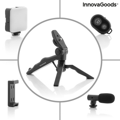 Conjunto de acessórios para smartphone da InnovaGoods com tripé, luz LED, microfone, controlo remoto e suporte