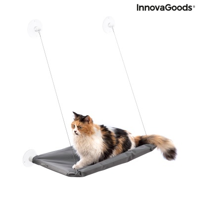 Suporte suspenso cinzento para gatos com ventosas e cordas transparentes