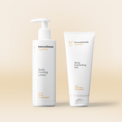 Dois frascos brancos de produtos de cuidado corporal InnovaGoods Joynnew sobre fundo bege.