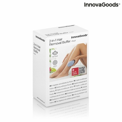 Caixa branca do produto 2-in-1 Hair Removal Buffer da InnovaGoods com imagem de pernas femininas e dispositivo azul