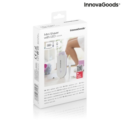 Embalagem branca do Mini Shaver com LED da InnovaGoods com texto e imagem do produto