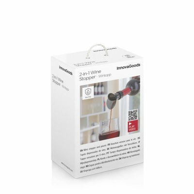 Embalagem branca 2-in-1 Wine Stopper da InnovaGoods com imagem de vinho a ser servido