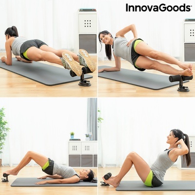 Mulher a fazer exercícios com equipamento fitness preto, superfície cinzenta, estante branca com plantas, texto InnovaGoods no canto superior direito.
