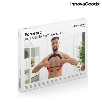 Caixa do Forcearc Adjustable Arm Exerciser InnovaGoods com homem a usar aparelho de exercício para braços.