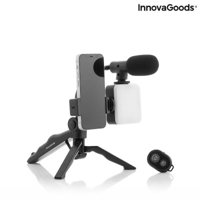 Kit de gravação com tripé, microfone, luz led e comando remoto
