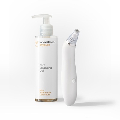 Gel limpeza facial InnovaGoods Joypure com dosador ao lado de dispositivo branco com ponta metálica