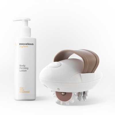 Frasco de loção firmadora branco e massageador elétrico branco e castanho