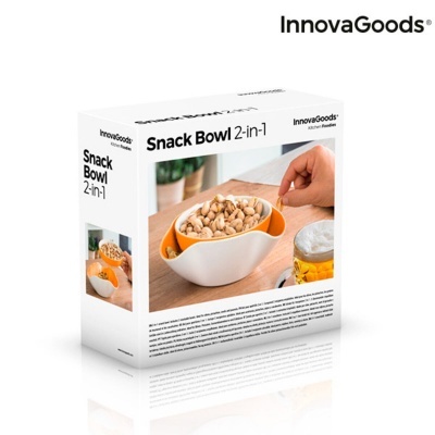 Embalagem branca do Snack Bowl 2-in-1 da InnovaGoods com foto do produto e texto em preto