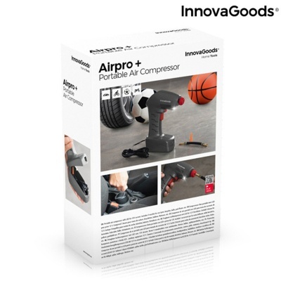 Embalagem branca do compressor de ar portátil Airpro + da InnovaGoods com imagens de uso em bola e pneu