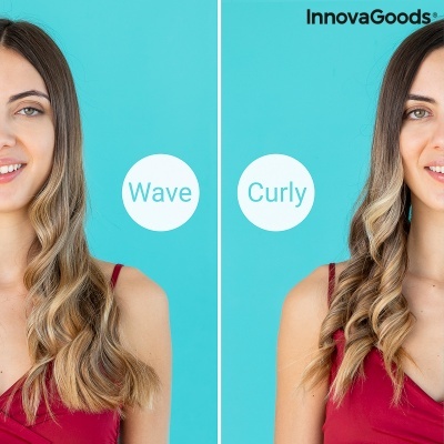 Comparação de cabelo ondulado e encaracolado em mulher com fundo azul