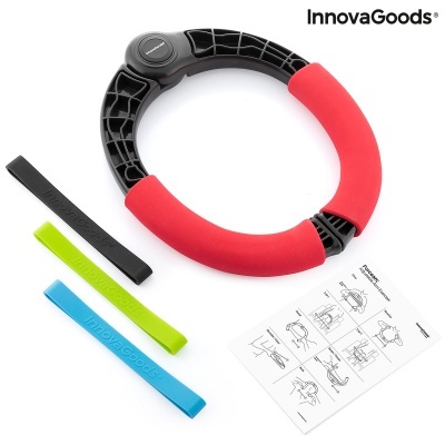 Aparelho de exercício circular com almofadas vermelhas, elásticos coloridos e instruções