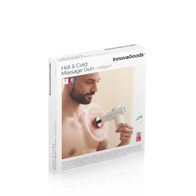 Embalagem do Hot & Cold Massage Gun da InnovaGoods com imagem de homem a usar a pistola de massagem