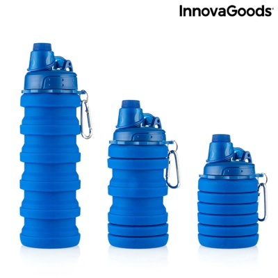 conjunto três garrafas silicone azuis com tampa e mosquetão InnovaGoods