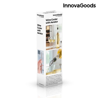 Embalagem branca do arrefecedor e arejador de vinho InnovaGoods com imagens do produto e texto explicativo.