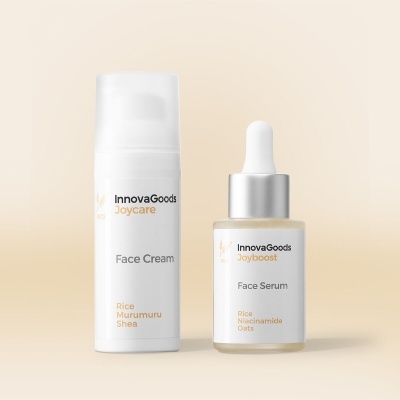Produtos para rosto InnovaGoods creme facial e sérum facial com conta-gotas em fundo bege.