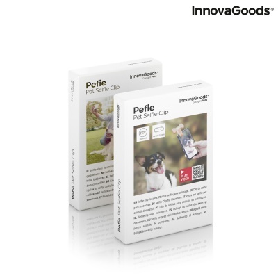 Caixa branca do produto InnovaGoods Pefie Pet Selfie Clip com imagem de cão e smartphone