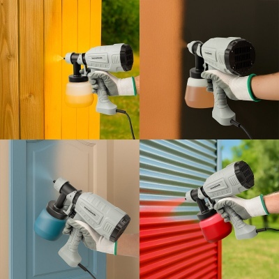 Pistolas de pintura elétricas cinzentas com reservatórios coloridos a pintar várias superfícies coloridas.