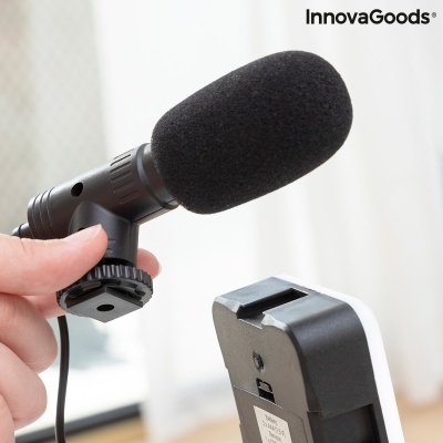 Microfone preto com espuma em fundo claro com texto InnovaGoods
