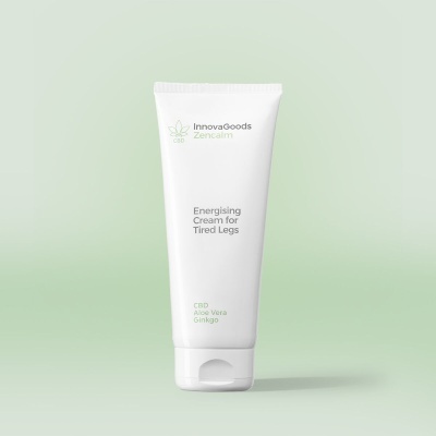 Tubo branco de creme com texto InnovaGoods Zercalm, sobre fundo verde claro