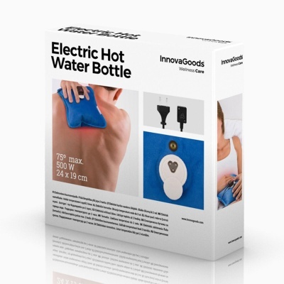Caixa do produto Electric Hot Water Bottle da InnovaGoods Wellness Care, azul, mostra uso e detalhes do produto