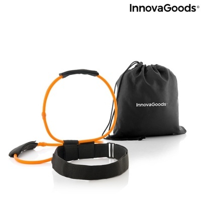 Conjunto de treino funcional InnovaGoods com elásticos de resistência laranja, cinto preto ajustável e saco de transporte preto.