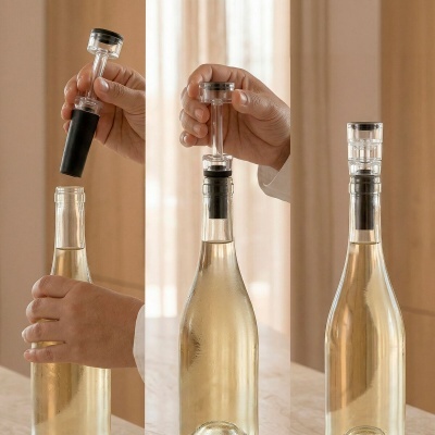 Instruções de uso de rolha de vinho transparente e preta numa garrafa de vidro