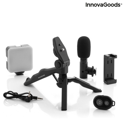 Conjunto acessórios gravação tripé microfone luz comando remoto InnovaGoods