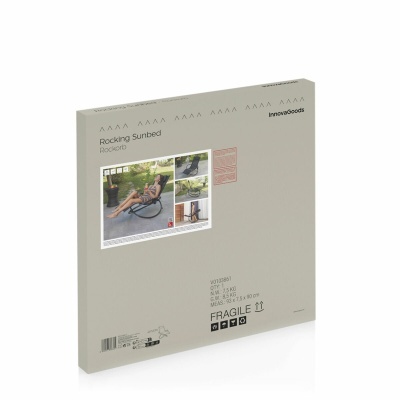 Embalagem bege de espreguiçadeira de baloiço Innovagoods com imagens do produto e texto Rocking Sunbed Rockchair