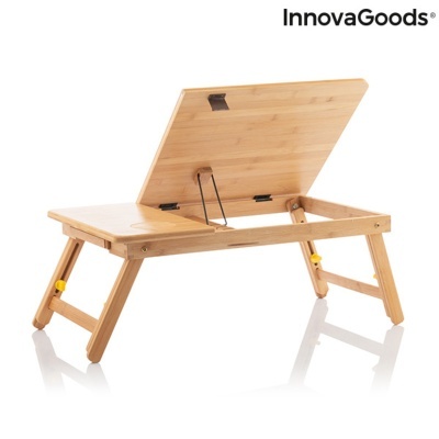 Mesa de cama ajustável de bambu com suporte metálico e pernas dobráveis