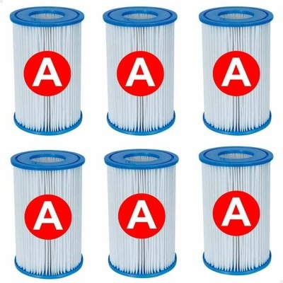 Seis filtros cilíndricos brancos com acabamento azul e círculo vermelho com letra A