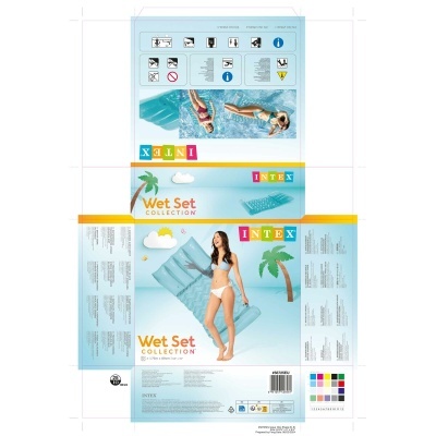 Embalagem azul com colchão insuflável e mulher em biquíni branco