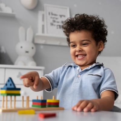 Criança a brincar com blocos de construção coloridos numa mesa branca em quarto infantil