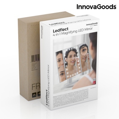 Embalagem de espelho amplificador LED 4 em 1 da InnovaGoods com imagem do produto e texto informativo